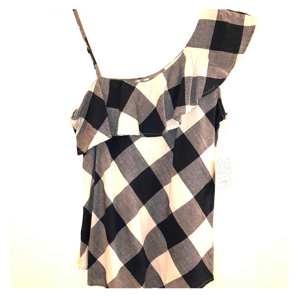Navy & Cream plaid one shoulder shirt